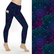 Load image into Gallery viewer, Purple and blue patterned leggings with a close-up of the design on a white background.
