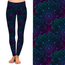 Load image into Gallery viewer, A pair of colorful leggings featuring a mandala pattern in shades of purple, blue, and green, showcasing a high waist design.
